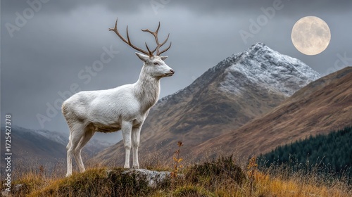 Majestic white deer stands atop a hill against a backdrop of mountains and a full moon.