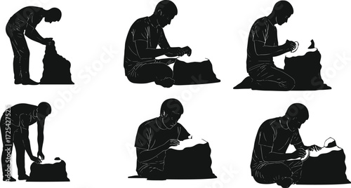 Sculpting silhouettes, artisan carving, stone shaping, clay crafting, handmade art, creative hobby, human posture, lifestyle workshop, artistic process illustration