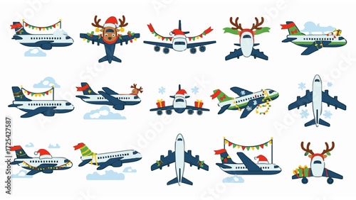 A charming vector set of passenger planes decorated with festive holiday accessories like Santa hats and reindeer antlers for Christmas vacation travel