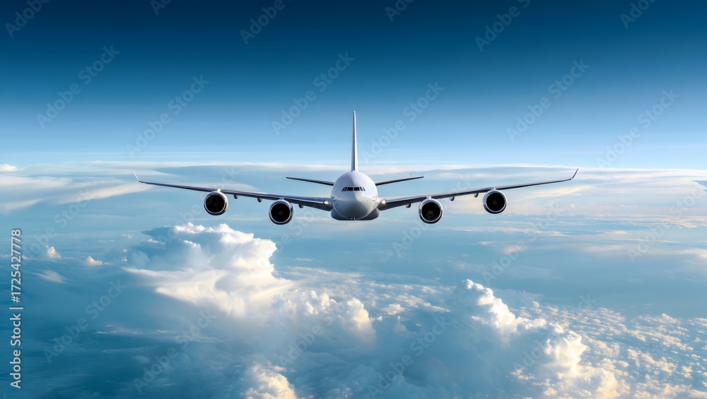 Fototapeta premium Airplane flying above the clouds in a clear blue sky on a sunny day with good visibility