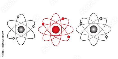 Three atomic models with gray and red electrons science