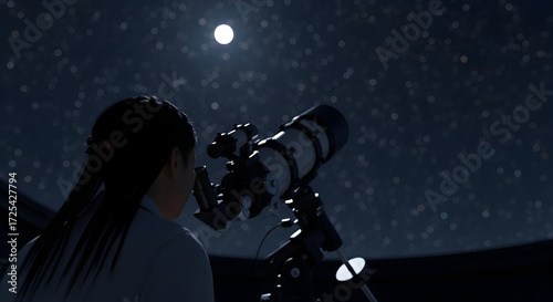 Young Woman Gazing at the Night Sky Through a Telescope