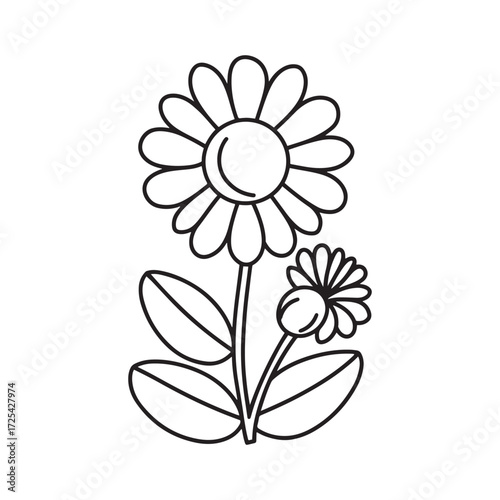 Simple Cartoon Daisy Flower with Bud and Leaves Line Art for Coloring Pages