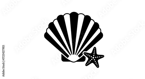 Seaside shell with starfish black white icon