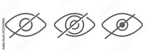 Eye icon set. See and unsee eye icon. Eye icon for visible and invisible passwords. Hide and show password icons. Eyes open and closed vector icons