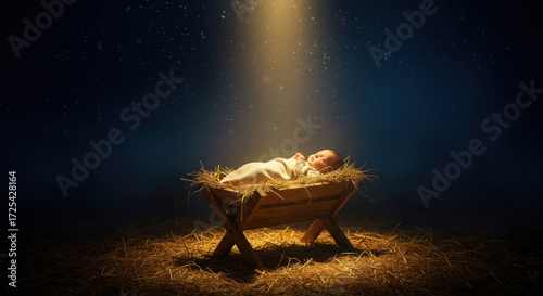 Newborn baby lying in a manger under a bright star at night. Christmas nativity scene with divine light. Religious holiday concept.