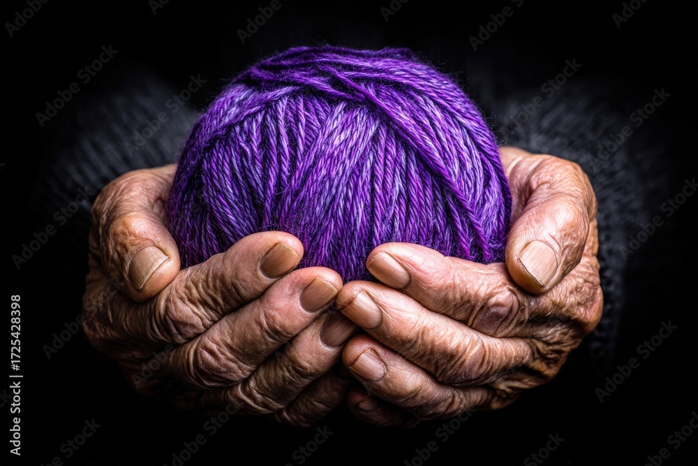Fototapeta premium Elderly hands holding vibrant purple yarn ball on dark background