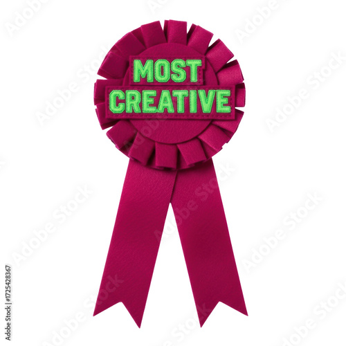 Deep fuchsia felt rosette ribbon with 'Most Creative' embroidered in neon green, handmade texture, trailing streamers, on transparent studio background with subtle bokeh, concept of unique talent and