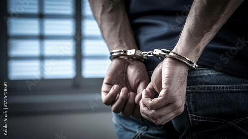 Man arrested with handcuffs behind back awaiting justice in jail, emphasizing crime, law enforcement, and the consequences of illegal behavior