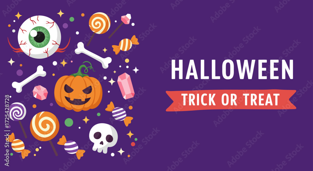 Fototapeta premium A spooky halloween banner featuring skull and an orange pumpkin for an October night party celebration
