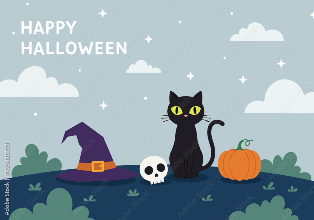 Fototapeta premium Cute cartoon cat and pumpkin vector illustration for Halloween card design