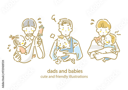 Set of young father and baby, troubled, hand-drawn watercolor style stylish line drawing illustration