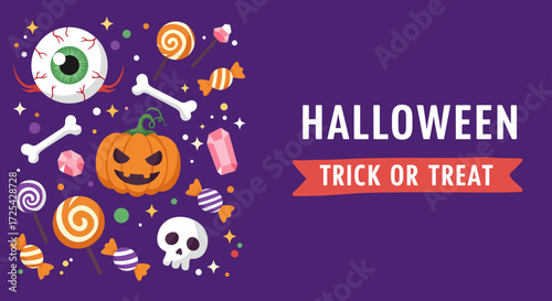 A spooky halloween banner featuring skull and an orange pumpkin for an October night party celebration