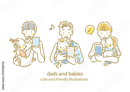 A set of a young father and baby, smartphone, hand-drawn watercolor style stylish line drawing illustration