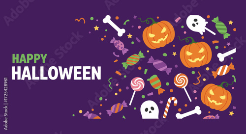 The cartoon vector art features a funny with Halloween candy and pumpkins for kids to love