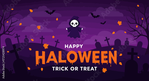 Happy Halloween party poster and flyer vector illustration with spooky grim reaper, bat, and dark night moon banner design