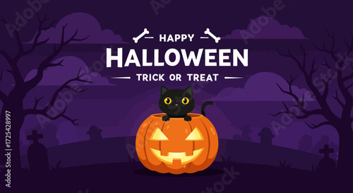 Spooky Halloween night card with pumpkin and black cat in purple and black design
