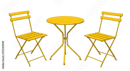 Watercolor painting of a yellow bistro table and chairs isolated on transparent background