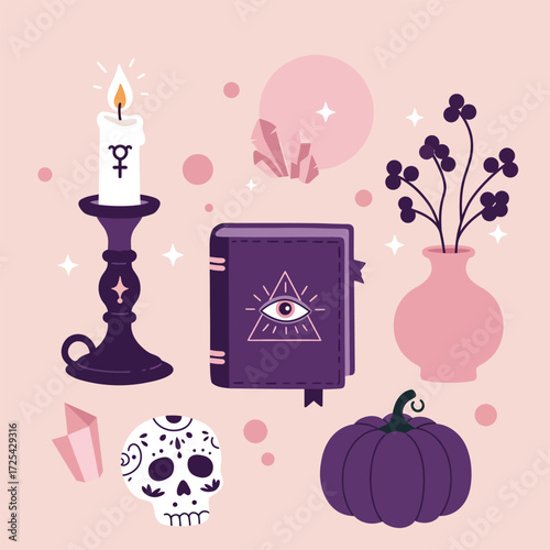 Vector cartoon set of Halloween card and background illustration with candles and speel book design for party decoration