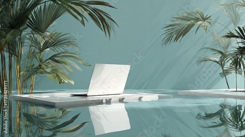 A white laptop sits on a platform surrounded by tropical plants in a teal-colored room.
