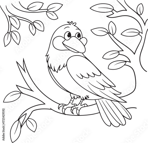 Friendly Cartoon Crow or Raven Perched on a Tree Branch Line Art: Detailed Outline Drawing of a Happy Bird for Nature or Coloring Book Design