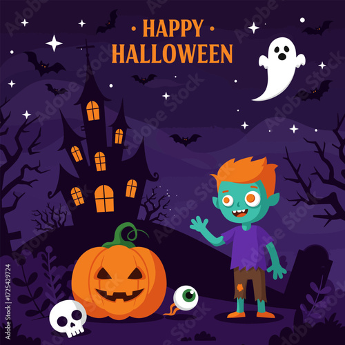 Banner happy halloween with zombie kid, ghost, pumpkin head, and castle silhoutte, vector illustration design