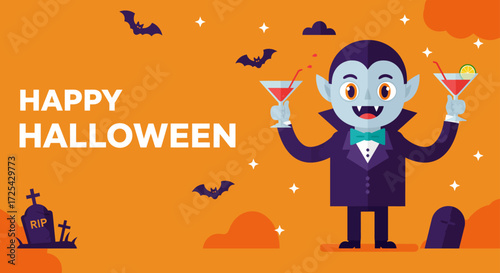 A happy dracula holding a drink for celebrate halloween party