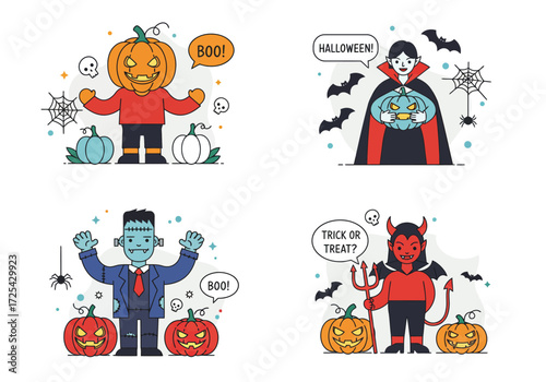 Cartoon vector set of funny Halloween characters including pumpkin man, dracula, frankenstein, and demon