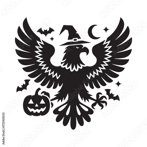 Majestic Halloween Eagle or Falcon Silhouette Wearing a Witch Hat Holding a Jack-o'-Lantern