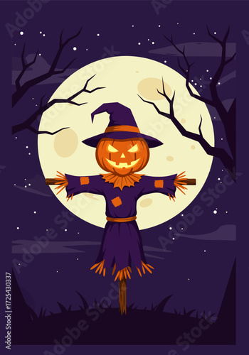 A scary scarecrows wearing witch costume in the halloween night and full moon