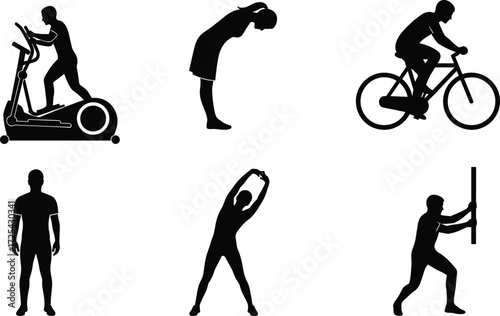 Exercise silhouettes, elliptical workout, cycling posture, stretching poses, resistance training, fitness lifestyle, human gesture, health activity, gym routine illustration