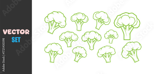 Collection of hand drawn broccoli florets in green outline on white background