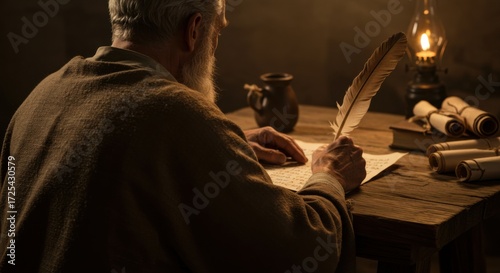 Old man writing with quill pen in ancient setting. Historical scribe or author illuminated by oil lamp. Bible or scroll writing.