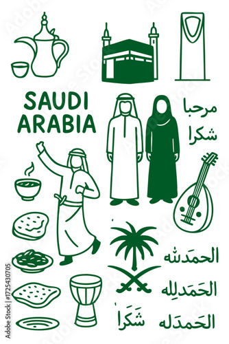 Saudi Arabia Culture Illustration Set – Traditional People, Music, Dance, Food, and Symbols