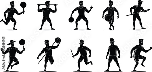Athlete silhouette illustrations with sports poses, running, barbell lifting, medicine ball, paddle, bat, fitness training, strength artwork design sequence