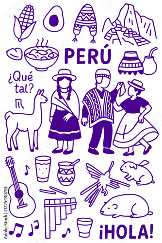 Peru Culture Illustration Set – Traditional People, Music, Dance, Food, and Symbols
