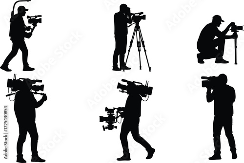 Camera operator silhouettes, video filming poses, tripod monopod handheld rigs, cinematography concept, black white drawing, filmmaking illustration, production crew