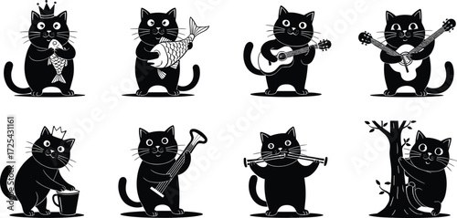 Cartoon black cat character illustrations playing musical instruments, crown, fish, guitar, violin, flute, whimsical animal artwork design sequence