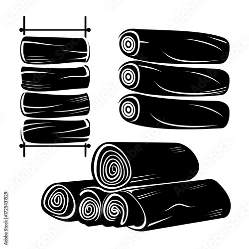 A set of fabric towels is depicted in various arrangements, including hanging on a dryer, lying flat, stacked, and rolled, all showcased against a white background as a modern cartoon illustration