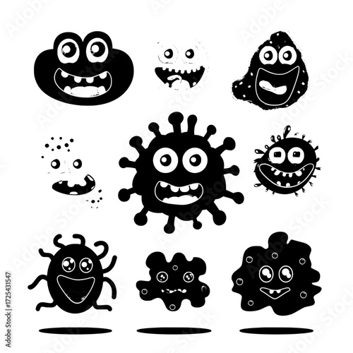 Modern cartoon characters include germs, viruses, microbes, and bacteria, which are depicted as cute and funny, with colorful cells featuring teeth and tongues, as well as smiling pathogen monsters