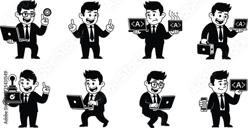 Cartoon businessperson character illustrations with laptop, coffee, briefcase, multitasking, coding, presenting ideas, office work, professional artwork design sequence