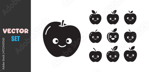 Collection of cute black silhouette apples with happy faces