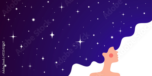 Dream universe flows through woman figure, girl with cosmic night sky in hair. Woman dream vision shines, girl in flat style, universe dream surrounds woman girl cosmos. Vector Illustration