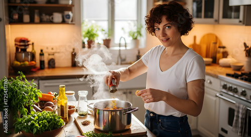 Woman Cooking Delicious Soup in Cozy Kitchen