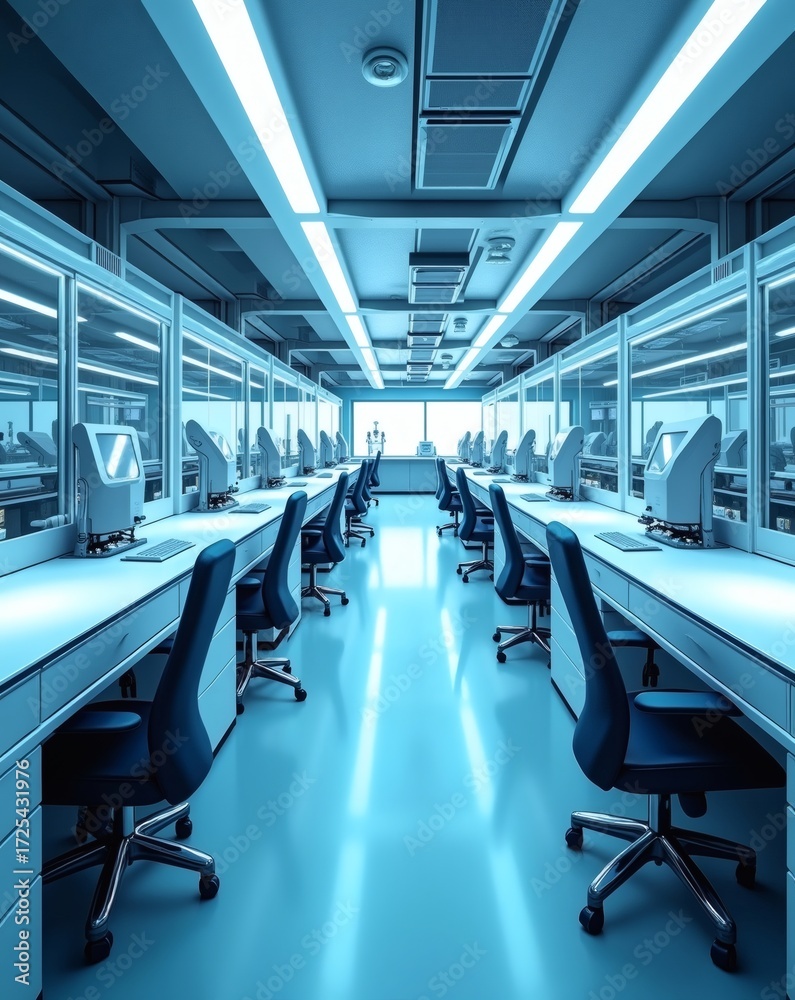 Fototapeta premium A modern, well-lit lab featuring rows of workstations and equipment, showcasing a clean, technological environment.