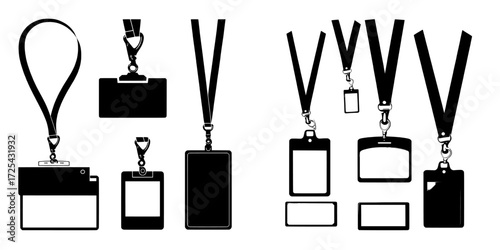 Lanyards with lobster clasps or hooks hold badges, while transparent plastic cases containing blank ID cards hang from ribbons, and identity tags are attached to belts or laces using a template,