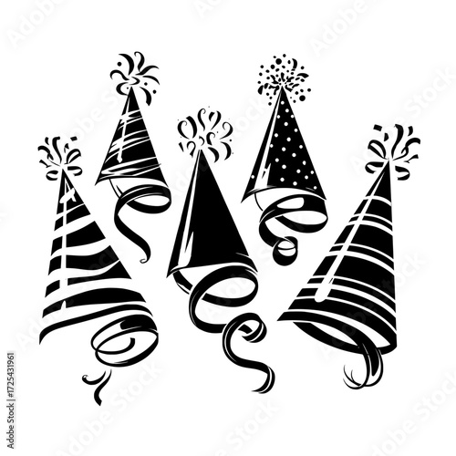 Modern realistic 3d set of party horn blowers featuring color stripes and dots, ideal for birthday celebrations, comprising purple and pink whistles and noisemakers isolated on a white background