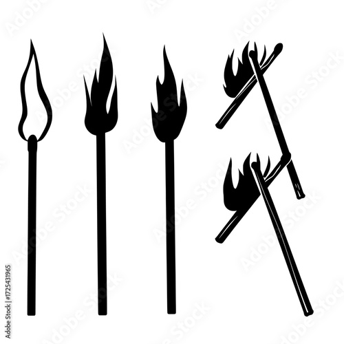 A modern set of wooden rods, including whole, ignited, and burnt matchsticks, with realistic yellow flames isolated against a gray background