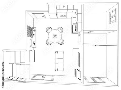 Black and white contour drawing of an interior space featuring a kitchen, living room with table and chairs, and a staircase leading to the second floor. The style is classic and timeless. Top view