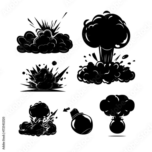 UI game design elements, including cartoon bomb explosions with clouds, boom effects, and smoke, highlighting dynamite, danger, and the concept of explosive atomic detonation